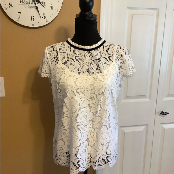 WHBM NWT Cap Sleeve Lace Mock Neck Tie Back Top - Picture 5 of 6